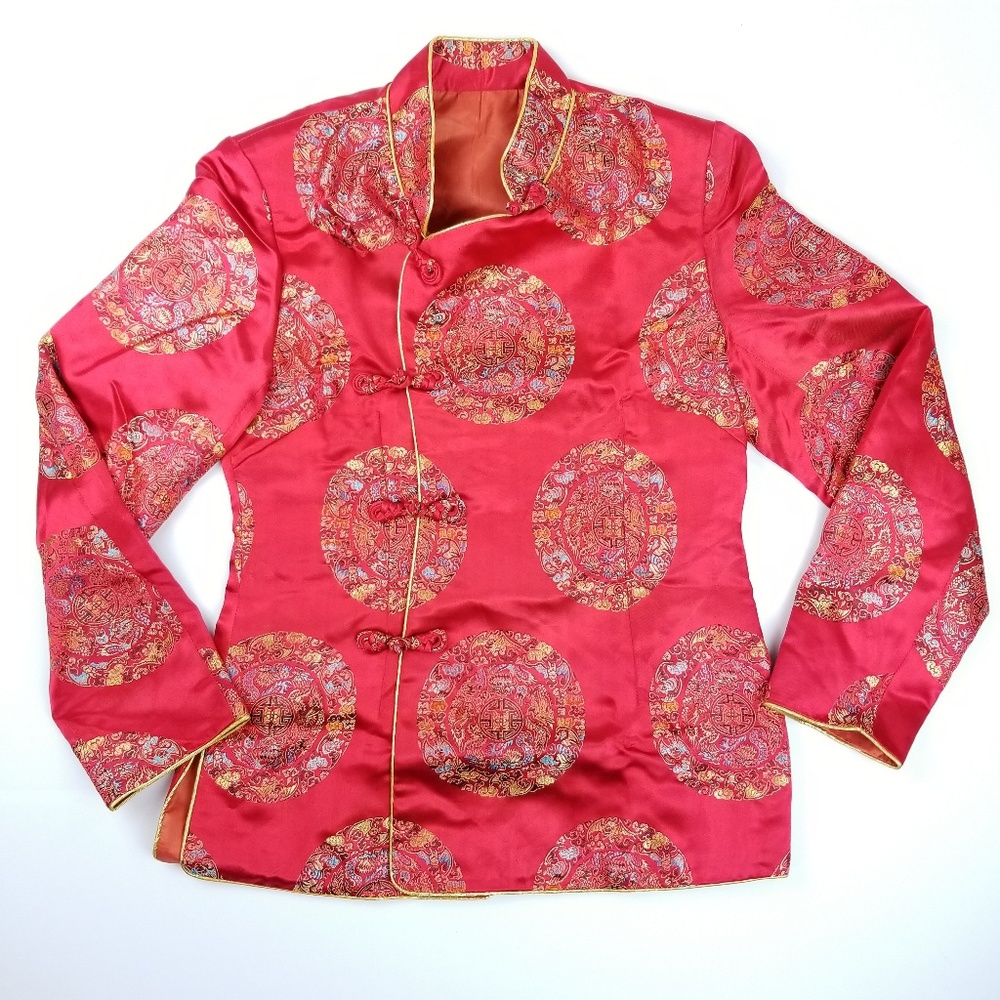 Chinese Style Red Satin Medallion Print Toggle Close Brocade Tang Suit Jacket